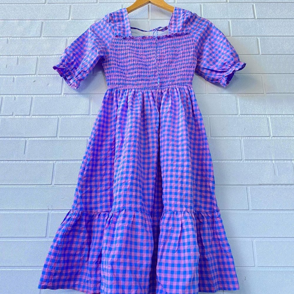 Purple and Blue Square Neck Drop Waist Dress